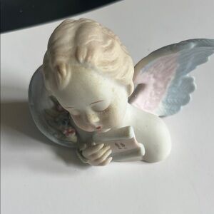 Labor Porcelain Angel Figurine with Pink and Light Blue Accents